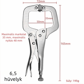 6,5 hüvelykes C-típusú fogó, könnyű markolattal, sík szájú, mozgó fejű, fém rögzítő klippel a fogáshoz