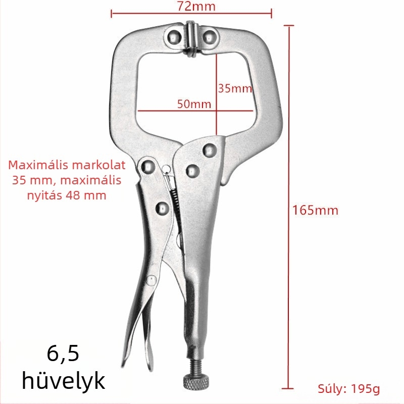 6,5 hüvelykes C-típusú fogó, könnyű markolattal, sík szájú, mozgó fejű, fém rögzítő klippel a fogáshoz