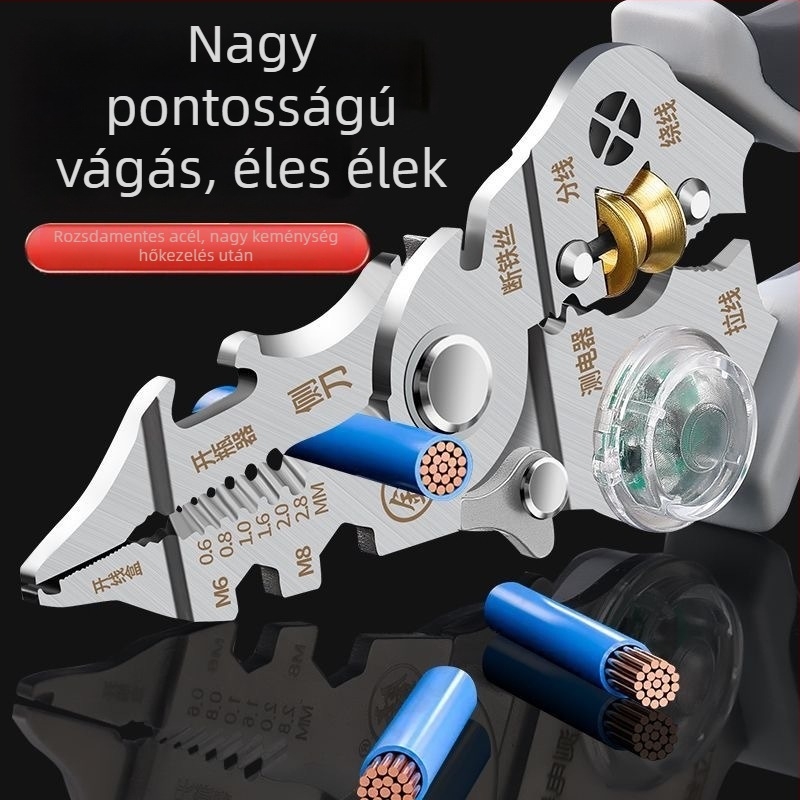 Többcélú villanyszerelő mérő toll, vezetékek hántolására, tekerésére, vágására és krimpelésére