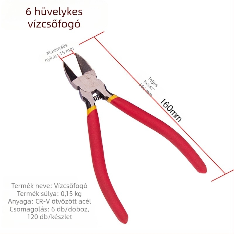 6 hüvelykes ötvözött acélból készült fogó, ergonomikus műanyag nyéllel, villanyszerelőknek, ferde vágóéllel
