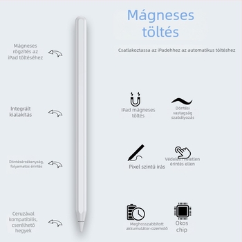 Capacitív stylus iPadhez, második generációs helyettesítő, mágneses töltés, védelem a véletlen érintés ellen, Bluetooth akkumulátor kijelző