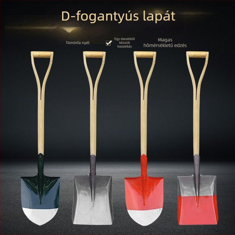 Mangánacélból készült tűzoltó ásó, hegyes négyszögletes fejjel, földásásra, virágültetésre és kertészkedésre, kültéri használatra