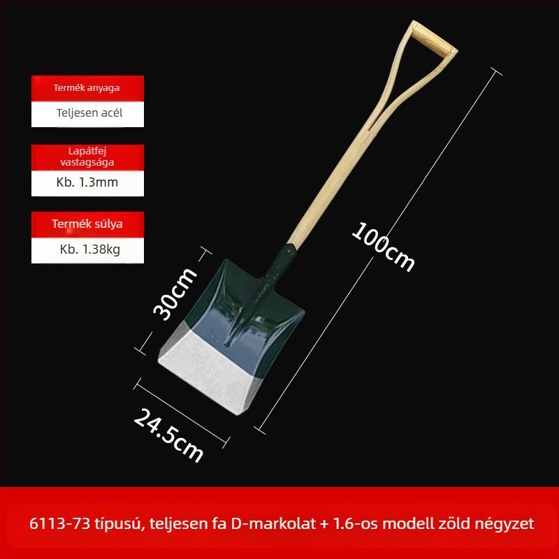 Mangánacélból készült tűzoltó ásó, hegyes négyszögletes fejjel, földásásra, virágültetésre és kertészkedésre, kültéri használatra