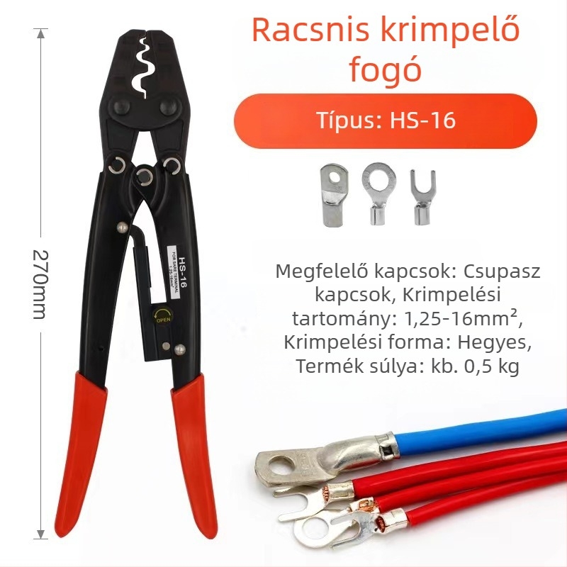 Kimuzi krimpelőfogó terminálokhoz és vezetékekhez, rácsos mechanizmus, munkaerő-megtakarító eszköz