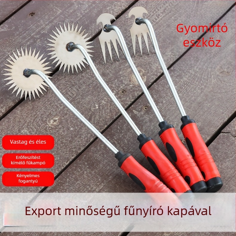 Műanyag fogantyúval ellátott gyomláló eszköz, négyfogú kapával háztáji és mezőgazdasági használatra