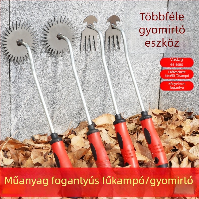 Műanyag fogantyúval ellátott gyomláló eszköz, négyfogú kapával háztáji és mezőgazdasági használatra