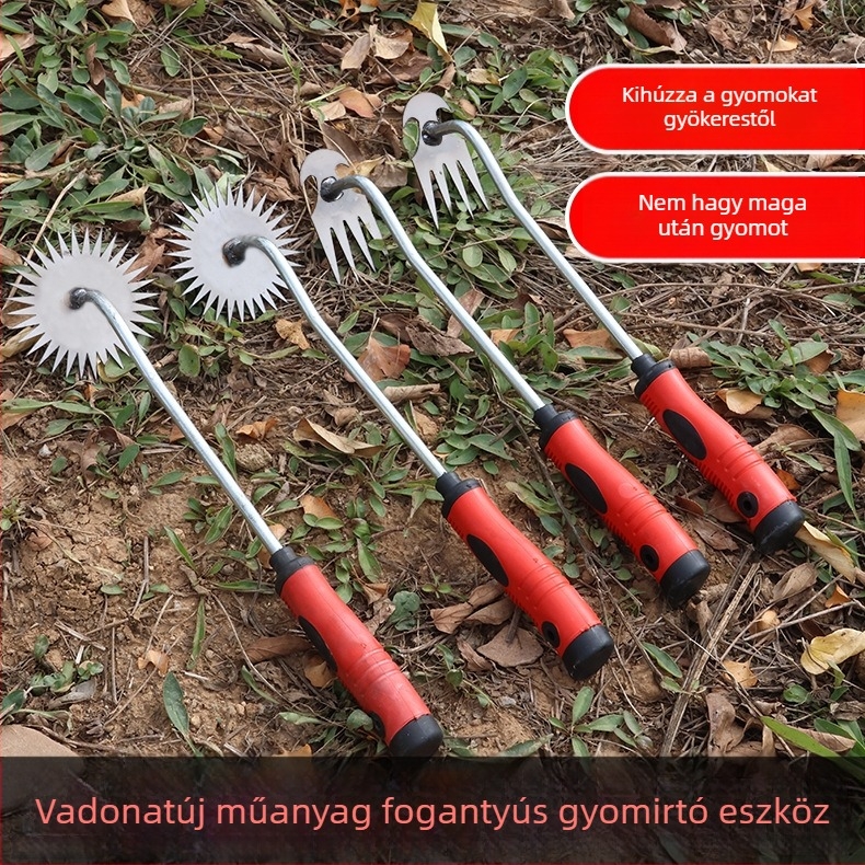 Műanyag fogantyúval ellátott gyomláló eszköz, négyfogú kapával háztáji és mezőgazdasági használatra