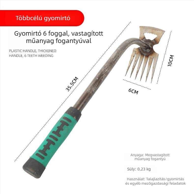 Műanyag fogantyúval ellátott gyomláló eszköz, négyfogú kapával háztáji és mezőgazdasági használatra
