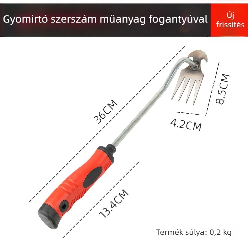 Műanyag fogantyúval ellátott gyomláló eszköz, négyfogú kapával háztáji és mezőgazdasági használatra