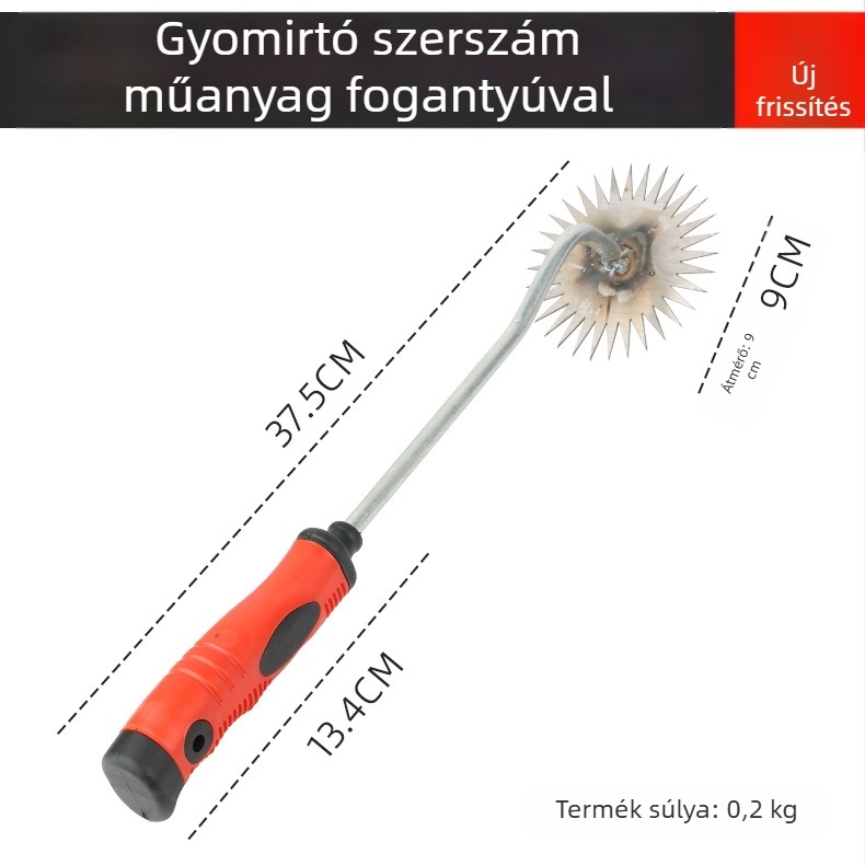 Műanyag fogantyúval ellátott gyomláló eszköz, négyfogú kapával háztáji és mezőgazdasági használatra