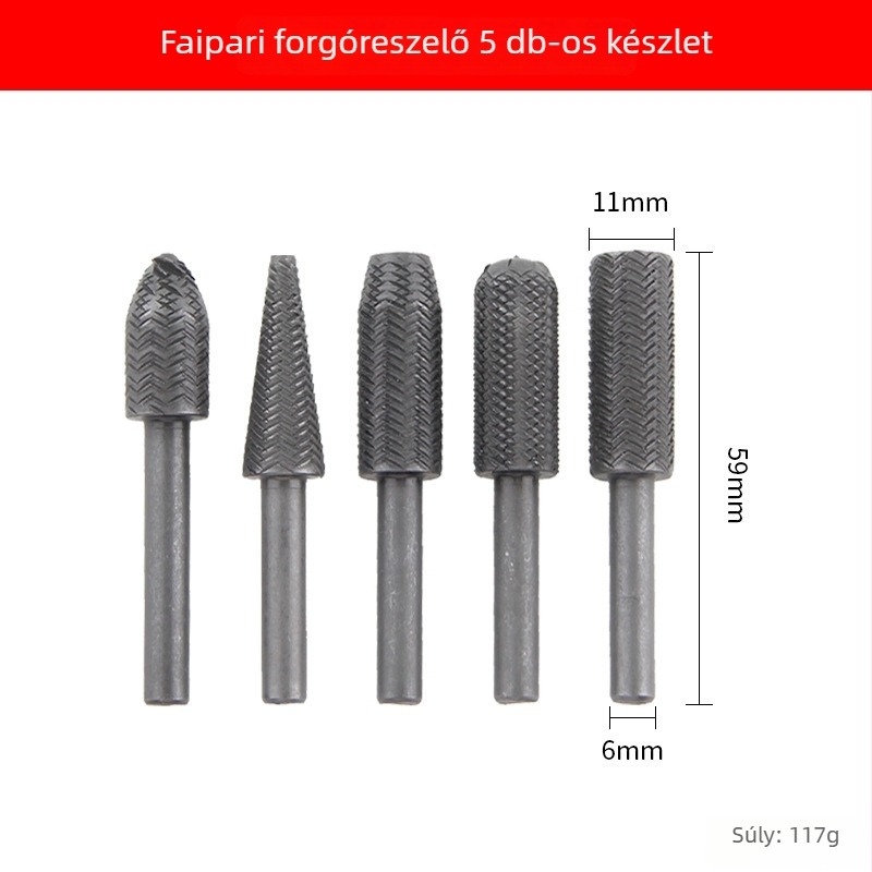 Faipari forgóreszelő készlet – 5 darab fa és puha fém felületekhez: rozsda eltávolítás, polírozás, burr-mentesítés és furatok tágítása