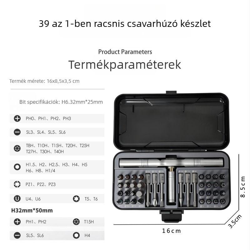 Többcélú racsnis csavarhúzó készlet mágneses S2-es acél bitekkel, hordozható otthoni javítási készlet, 39 darab