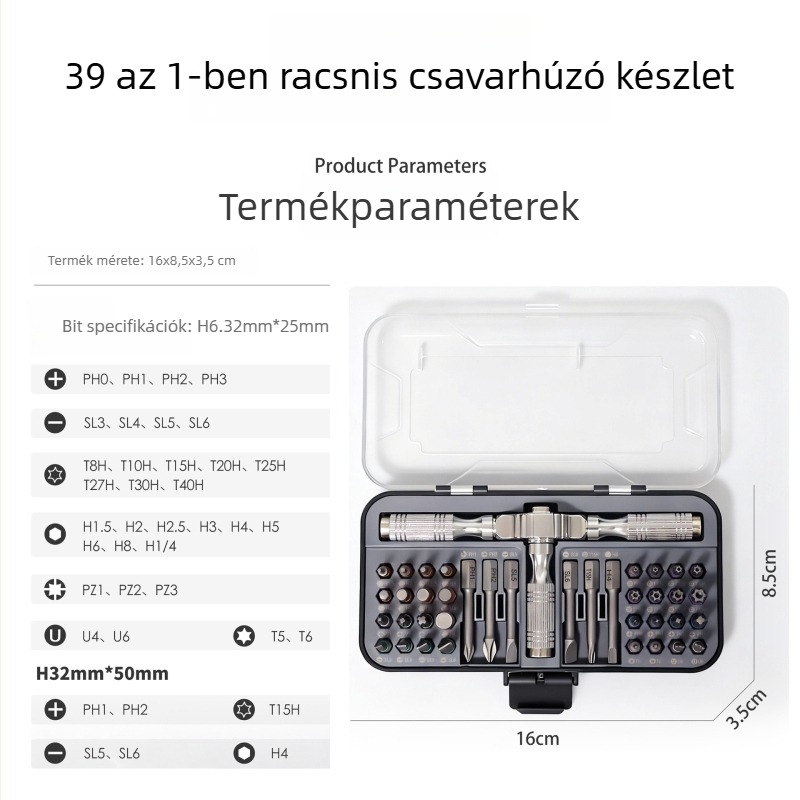 Többcélú racsnis csavarhúzó készlet mágneses S2-es acél bitekkel, hordozható otthoni javítási készlet, 39 darab
