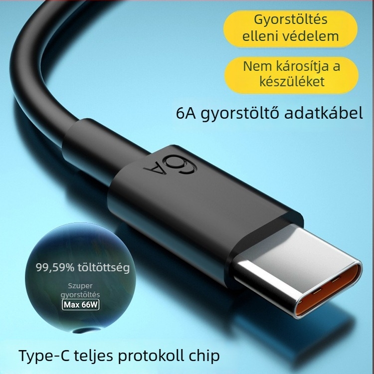 Fekete USB-C kábel, 6A, 120W gyorstöltéshez, kompatibilis minden okostelefonnal, teljes töltési protokoll támogatás