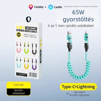 Négy az egyben kihúzható autóba illő CarPlay kábel – 65W gyors töltés, Lightning, USB-C és Micro-USB