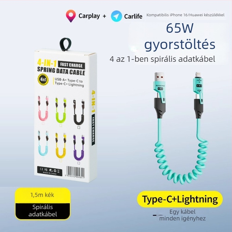 Négy az egyben kihúzható autóba illő CarPlay kábel – 65W gyors töltés, Lightning, USB-C és Micro-USB