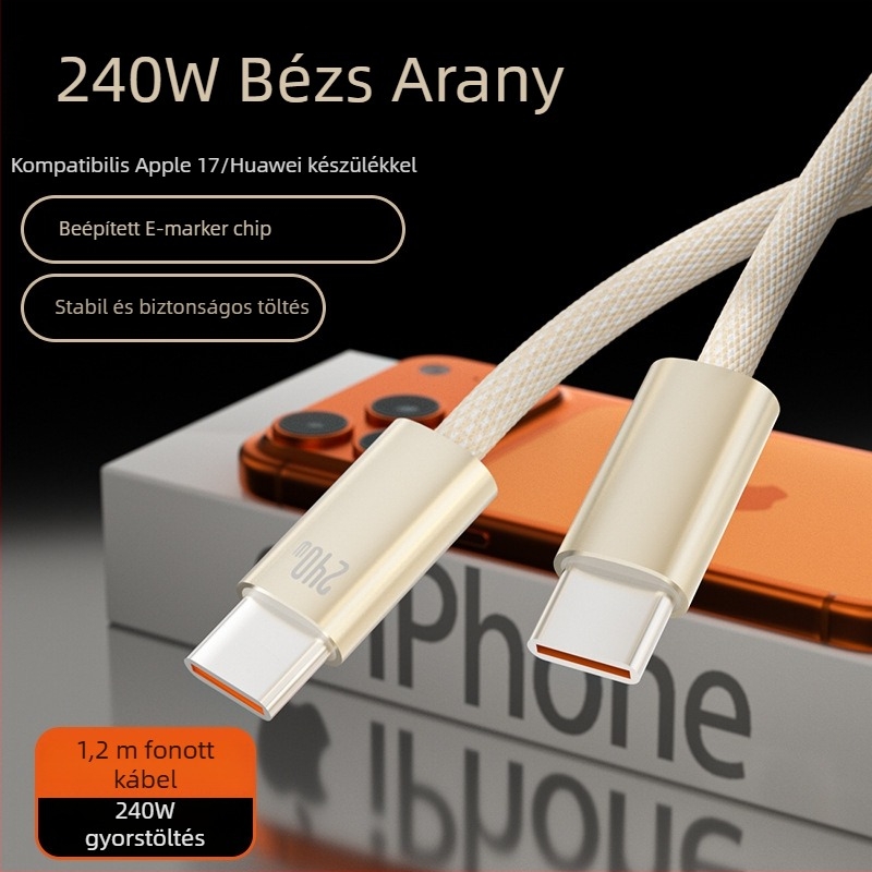 240W gyors töltésű szőtt USB-C kábel arany színű, 1-2 m, Apple iPhone 17 és Huawei eszközökhöz
