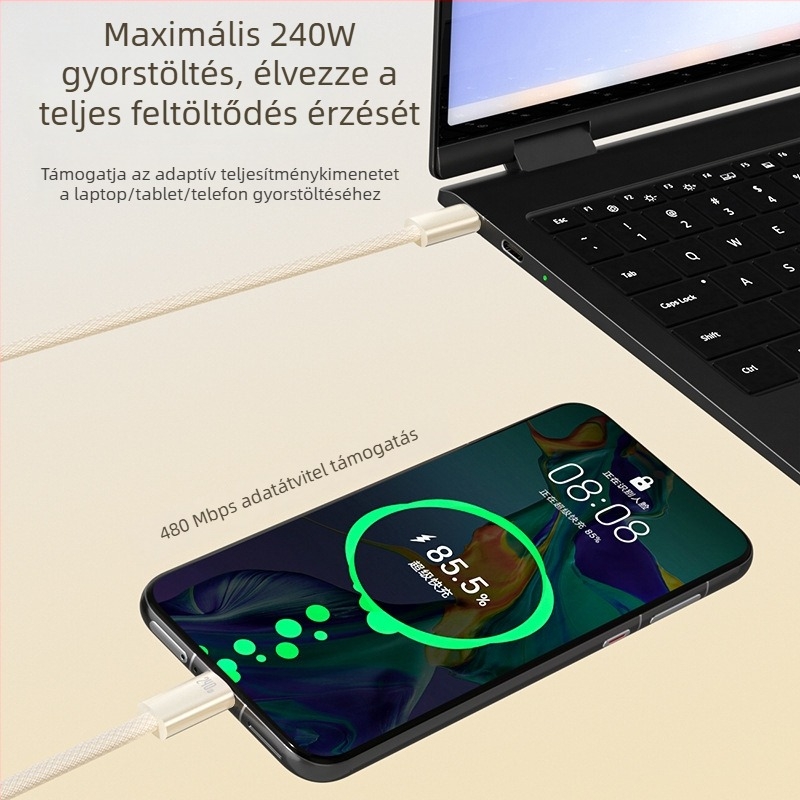 240W gyors töltésű szőtt USB-C kábel arany színű, 1-2 m, Apple iPhone 17 és Huawei eszközökhöz