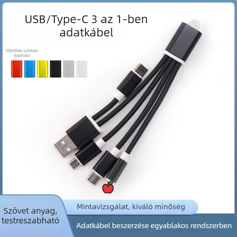 Személyre szabott ajándék kulcstartó 3-in-1 gyors töltésű fonott USB-kábel Type-C, Lightning és Micro-USB