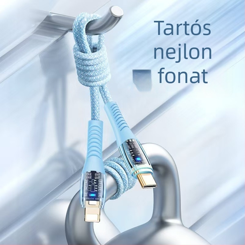 Átlátszó burkolatú, 60W-os szövött USB-C töltőkábel iPhone 15-höz és Huawei okostelefonokhoz