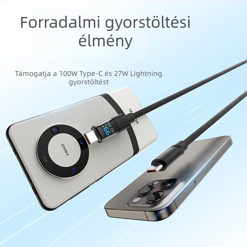 Intelligens átlátszó horizontális kijelzős fonott egyvezetékes kábel, Apple és Huawei kompatibilis, PD27W gyors töltés