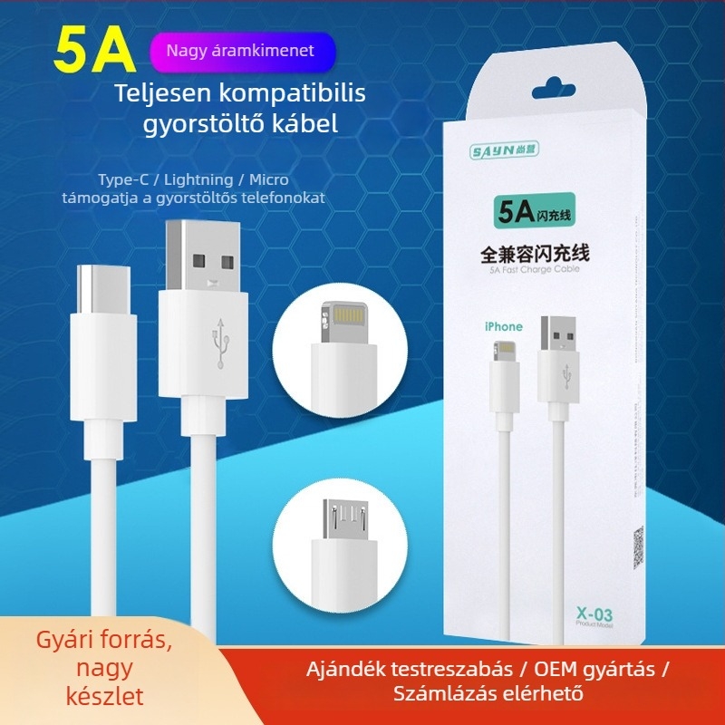 Shangying 5A több interfész gyors töltőkábel (Lightning, Micro USB, USB-C) hossza 1–2 m