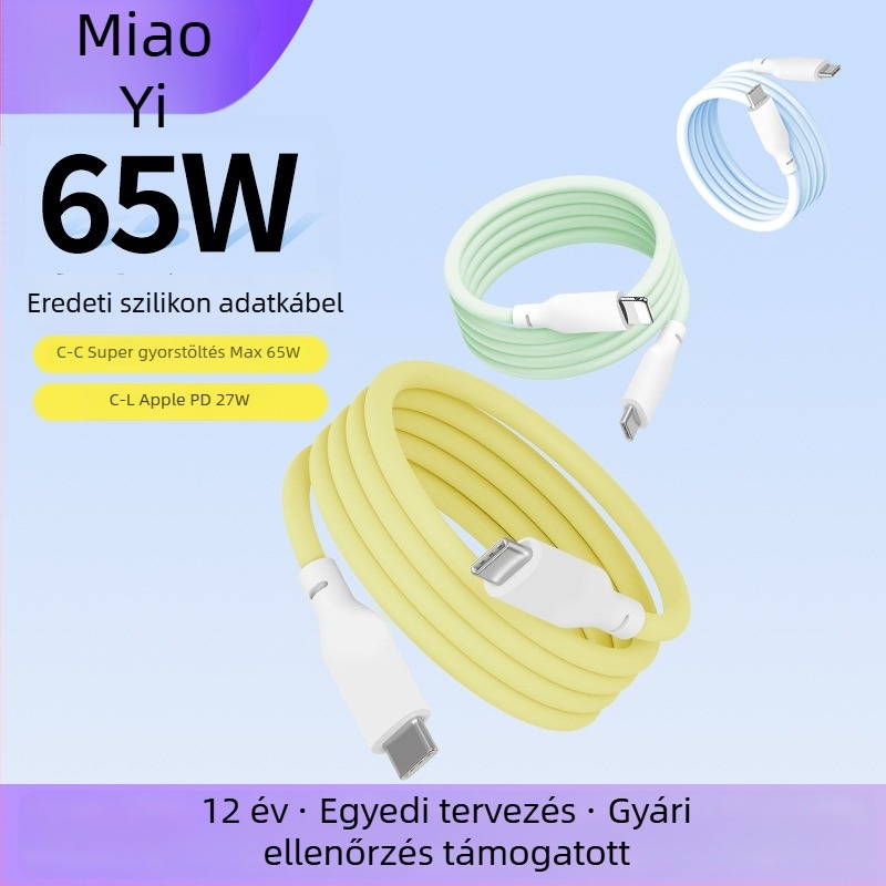 PD65W szilikon USB-C adatkábel, gyors töltés, 0,5–1 m, sárga, Apple iPhone 17, Huawei és Xiaomi számára