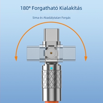 USB-C kábel 180°-os hajlítású, 120W gyors töltés, 6A, hossz 1–2 m, narancssárga