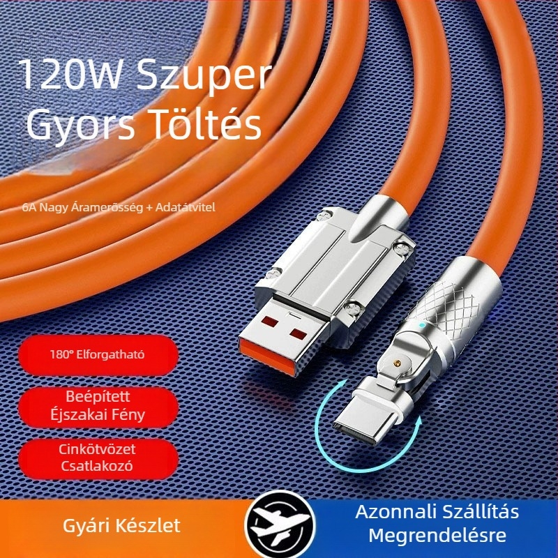 USB-C kábel 180°-os hajlítású, 120W gyors töltés, 6A, hossz 1–2 m, narancssárga