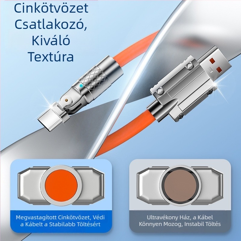 USB-C kábel 180°-os hajlítású, 120W gyors töltés, 6A, hossz 1–2 m, narancssárga