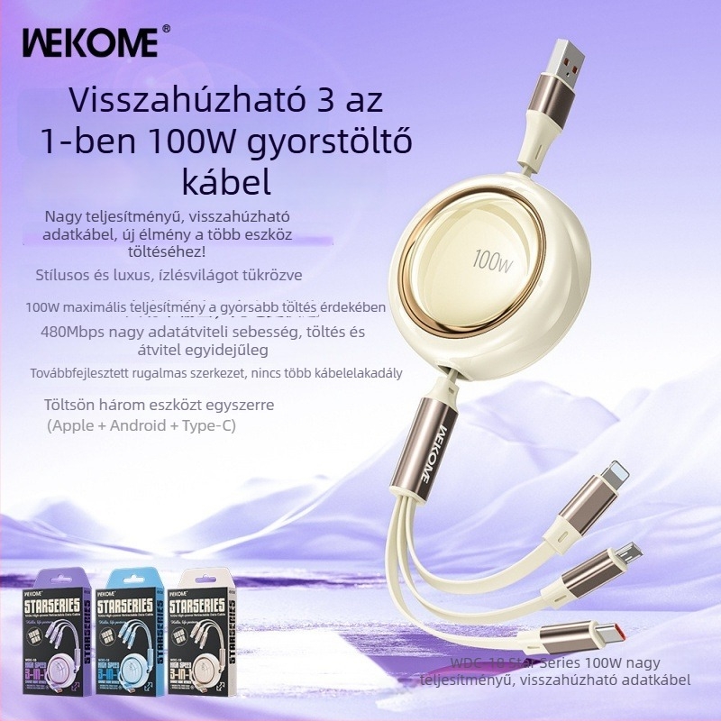 WEKOME Csillag 100W nagy teljesítményű kinyújtható 3-in-1 töltő- és adatkábel Lightning, Micro USB és USB-C, hossz 1-2 m, modell WDC-18