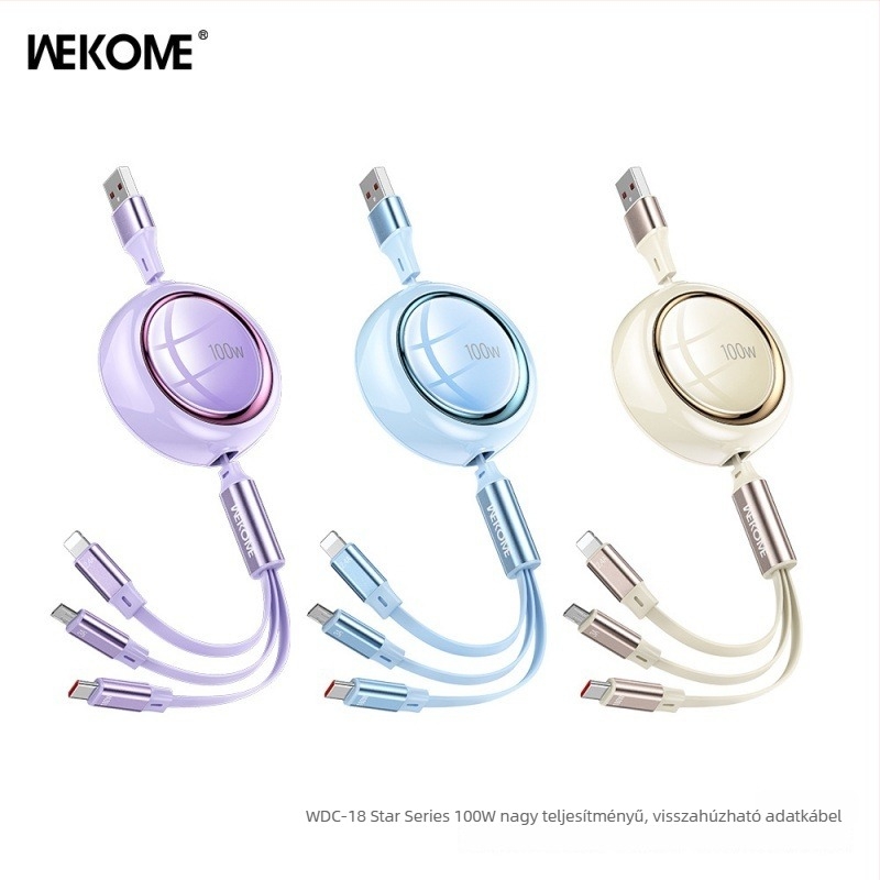 WEKOME Csillag 100W nagy teljesítményű kinyújtható 3-in-1 töltő- és adatkábel Lightning, Micro USB és USB-C, hossz 1-2 m, modell WDC-18