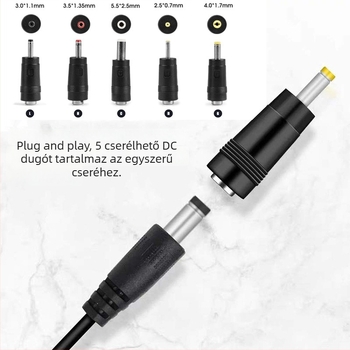 Notebookhoz készült DC átalakítófejek készlete, 5 cserélhető fej, 5.5×2.1 mm, USB adapter