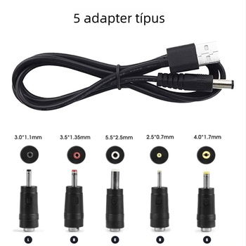 Notebookhoz készült DC átalakítófejek készlete, 5 cserélhető fej, 5.5×2.1 mm, USB adapter