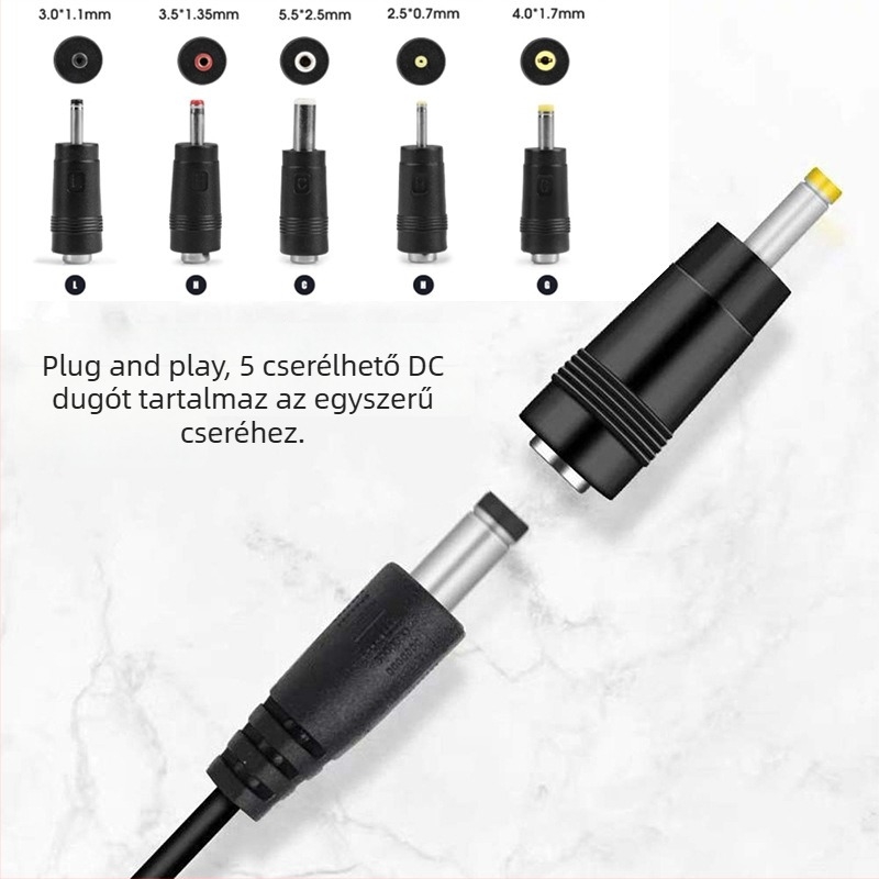 Notebookhoz készült DC átalakítófejek készlete, 5 cserélhető fej, 5.5×2.1 mm, USB adapter