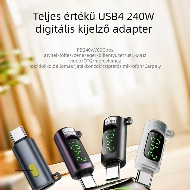 USB4.0 V2.0 teljes funkciójú vizuális kapcsoló digitális kijelzővel, adapter, 240 W PD gyors töltés, 80 g