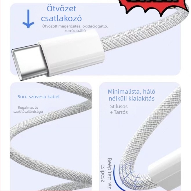 Win kettős Type-C gyors töltés és adatátvitel kábel Apple készülékekhez, vastagabb rézvezető, 1 m