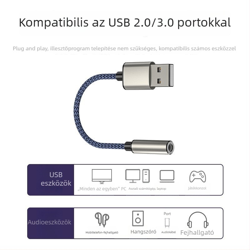 USB külső Hi-Fi hangkártya számítógéphez 3,5 mm-es csatlakozóval – 2 az 1-ben digitális audió adapter fejhallgatókhoz