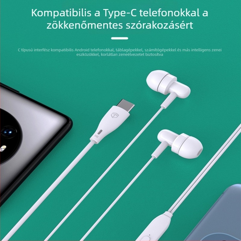 Type-C fülbe illeszkedő, vezetékes fülhallgató Huawei, Honor és Xiaomi telefonokhoz – zene és hívások