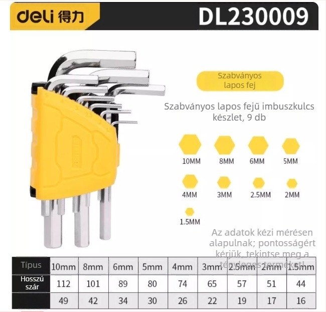 Deli Tools DL230009 Standard lapos fejű hatszögkulcs készlet, 9 darab, 1,5–10 mm, standard hosszúságú