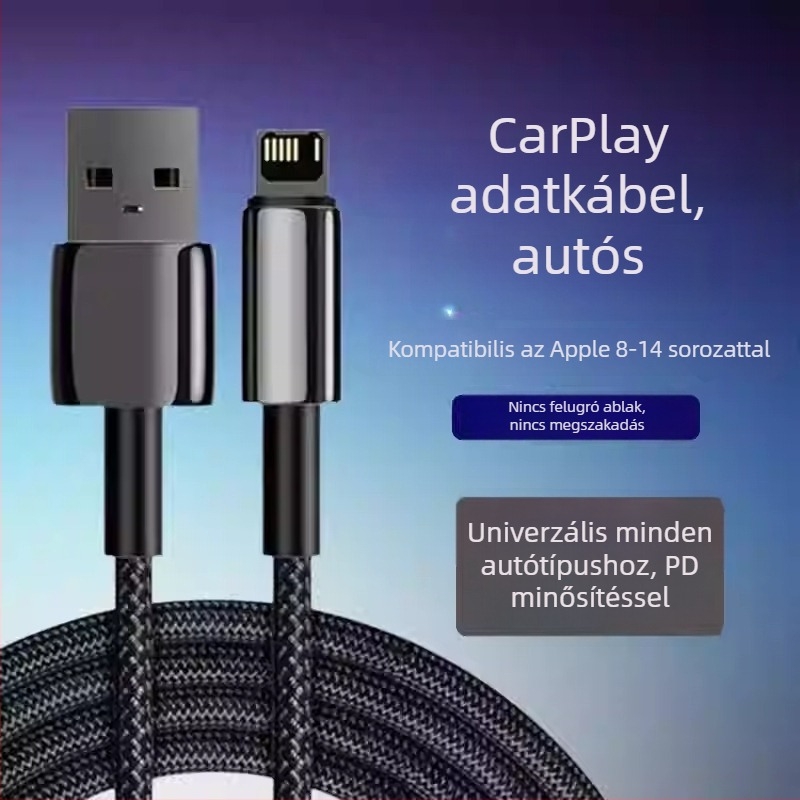 Hálós Lightning adatkábel iPhone és iPadhez, 1–2 m, autós töltéshez, gyors töltés, PD-kompatibilis, fekete