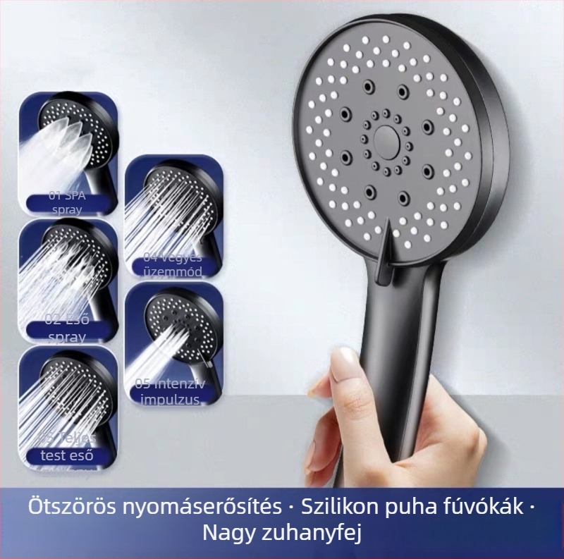 Fekete zuhanyfej melegítővel, öt fokozatban állítható vízsugár funkciókkal