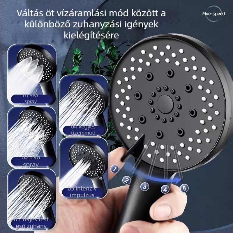 Fekete zuhanyfej melegítővel, öt fokozatban állítható vízsugár funkciókkal