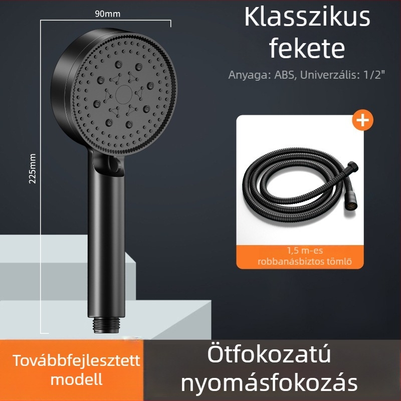 Nyomásos zuhanyfej 1,5 m-es tömlővel és szűrővel — ABS anyagból, kör alakú zuhanykészlet