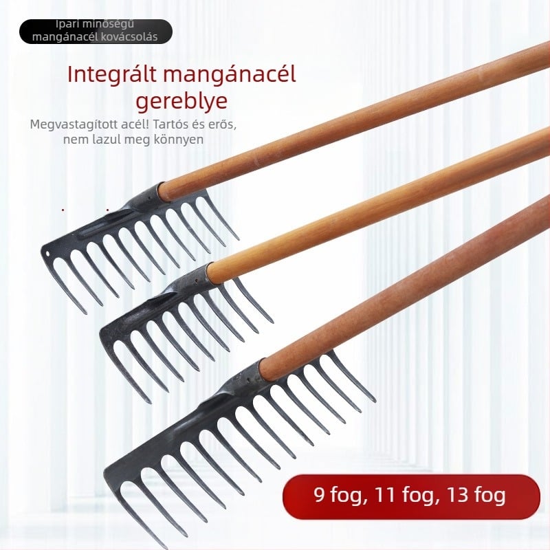Kilencfogú mangánacél egybeöntött gereblye, talajlazításra és gyomirtásra – mezőgazdasági eszköz