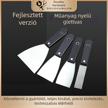 Fekete műanyag fogantyújú glettelő kés, vastított kivitelű a fugák tömítésére és falmunkákhoz; kaparó és glettelő eszköz