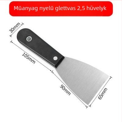 Fekete műanyag fogantyújú glettelő kés, vastított kivitelű a fugák tömítésére és falmunkákhoz; kaparó és glettelő eszköz