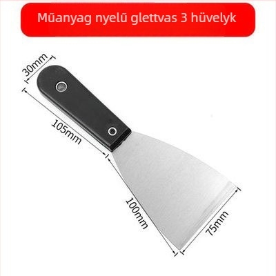 Fekete műanyag fogantyújú glettelő kés, vastított kivitelű a fugák tömítésére és falmunkákhoz; kaparó és glettelő eszköz