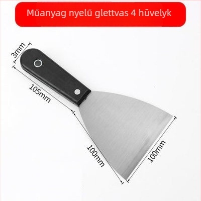 Fekete műanyag fogantyújú glettelő kés, vastított kivitelű a fugák tömítésére és falmunkákhoz; kaparó és glettelő eszköz