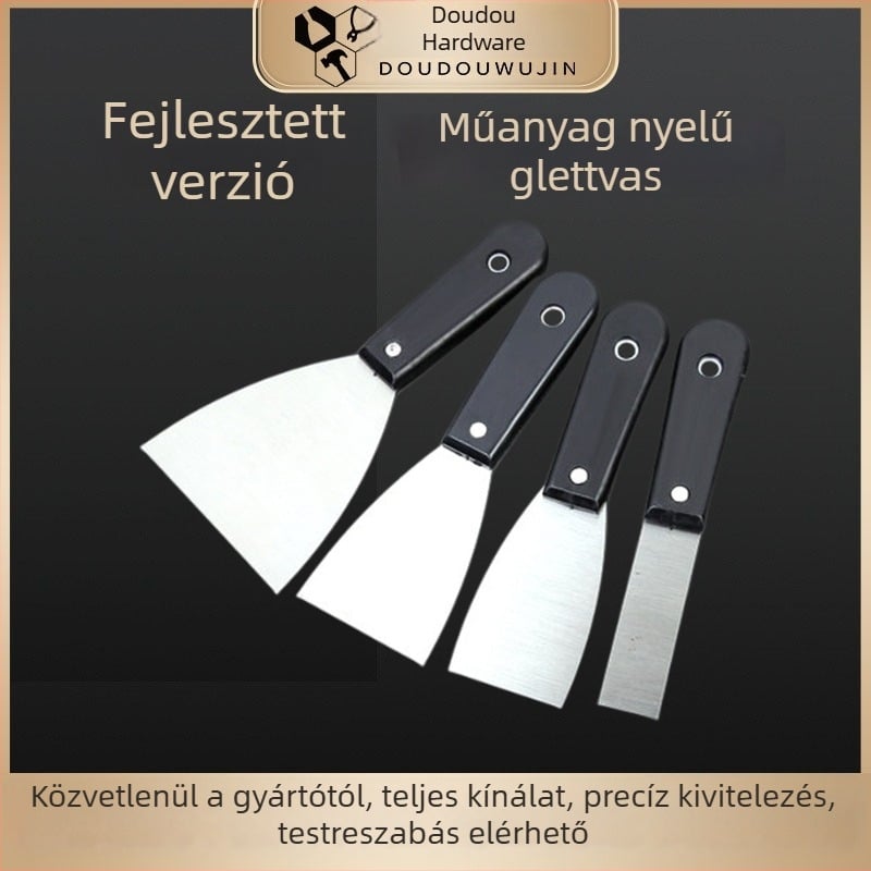 Fekete műanyag fogantyújú glettelő kés, vastított kivitelű a fugák tömítésére és falmunkákhoz; kaparó és glettelő eszköz